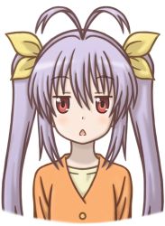 Rule 34 | 1girl, antenna hair, blank stare, buttons, chestnut mouth, expressionless, hair between eyes, long hair, looking at viewer, miyauchi renge, mugen ouka, non non biyori, open mouth, orange shirt, purple hair, red eyes, shirt, simple background, solo, triangle mouth, twintails, very long hair, white background