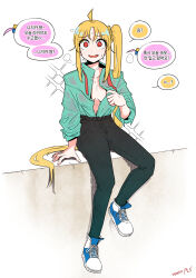Rule 34 | 1girl, absurdres, ahoge, arm support, black pants, blonde hair, blue footwear, blush, bocchi the rock!, cube hair ornament, green shirt, hair ornament, high-waist pants, highres, ijichi nijika, korean text, long hair, long sleeves, looking at viewer, necktie, pants, partially unbuttoned, radish p, red eyes, red necktie, shirt, shoes, side ponytail, signature, simple background, sitting, smile, sneakers, solo, sweat, undone necktie, white background