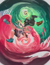 Rule 34 | 1boy, 1girl, bike shorts, black shorts, camisole, closed mouth, earrings, eye contact, fangs, full body, green eyes, green hair, highres, ink tank (splatoon), inkling, inkling boy, inkling girl, inkling player character, jewelry, leggings, looking at another, minato (minat0), nintendo, open mouth, paint, pink eyes, pink hair, pointy ears, shirt, shoes, short hair, short sleeves, shorts, shorts under skirt, smile, sneakers, splatoon (series), splatoon 2, t-shirt, tentacle hair, upside-down