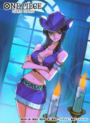 Rule 34 | 1girl, armlet, black hair, blue eyes, candle, candlelight, commentary request, copyright name, cowboy hat, cowboy shot, crocodile, crocodilian, crop top, cross-laced clothes, cross-laced top, crossed arms, hat, highres, medium hair, navel, nico robin, official art, one piece, one piece card game, purple hat, purple shirt, purple skirt, shirt, skirt, sleeveless, smile, solo, sunohara (encount)