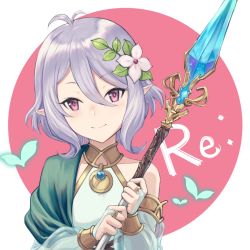 Rule 34 | 1girl, antenna hair, asymmetrical clothes, blush, bridal gauntlets, chokuro, closed mouth, collarbone, commentary request, flower, hair between eyes, hair flower, hair ornament, holding, holding weapon, kokkoro (princess connect!), looking at viewer, pointy ears, polearm, princess connect!, purple eyes, rising sun flag, see-through, silver hair, single bare shoulder, smile, solo, spear, split mouth, sunburst, two-tone background, upper body, watermark, weapon, white flower