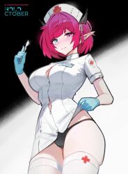 1girl absurdres alternate_costume alternate_hairstyle black_panties blue_eyes demon_horns gloves hat heterochromia highres holding_scalpel hololive hololive_english horns irys_(hololive) nurse nurse_cap panties pointy_ears purple_eyes purple_hair scalpel short_hair stealcoffins thighhighs underwear