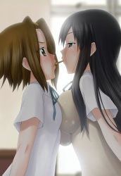 Rule 34 | 00s, 2girls, akiyama mio, asymmetrical docking, black hair, blue eyes, blush, breast press, breasts, brown eyes, brown hair, eunos, eye contact, food, highres, impossible clothes, k-on!, large breasts, long hair, looking at another, multiple girls, pocky, pocky kiss, profile, school uniform, shared food, short hair, small breasts, tainaka ritsu, yuri