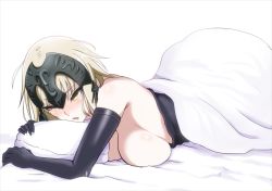 Rule 34 | &gt;:o, 1girl, :o, armpits, black gloves, blonde hair, blush, breasts, elbow gloves, embarrassed, fate/grand order, fate (series), gloves, headpiece, jeanne d&#039;arc (fate), jeanne d&#039;arc alter (avenger) (fate), jeanne d&#039;arc alter (fate), kawabata yoshihiro, large breasts, looking away, lying, on bed, on stomach, parted lips, short hair, solo, topless, tsurime, under covers, v-shaped eyebrows, yellow eyes