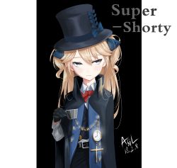 Rule 34 | 1girl, absurdres, asil, bad id, bad pixiv id, belt, belt buckle, black gloves, black hat, blonde hair, blue bow, blue eyes, blush, bow, bowtie, buckle, buttons, chain, character name, closed mouth, cloud, collared shirt, cross, crucifix, cup, dated, formal, girls&#039; frontline, gloves, hair between eyes, hair bow, hair ribbon, hat, hat bow, head tilt, high collar, highres, holding, holding cup, long hair, long sleeves, looking away, open clothes, own hands together, pocket watch, red bow, ribbon, road, shirt, shorts, sidelocks, sign, signature, simple background, sleeve cuffs, solo, street, super-shorty (girls&#039; frontline), teacup, top hat, tsurime, two side up, watch, white gloves, white shirt