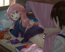 Rule 34 | 10s, 1girl, antenna hair, bad id, bad pixiv id, bag, basket, blanket, blouse, blue socks, blush, book, bookshelf, caught, chips (food), cleazul, curtains, floral print, food, frilled skirt, frills, from behind, indoors, kaga (kancolle), kantai collection, kneehighs, legs up, long hair, looking at viewer, looking back, lying, manga (object), mouth hold, no shoes, on bed, on stomach, open book, open mouth, pillow, pink eyes, pink hair, pocky, potato chips, purple skirt, shirt, skirt, socks, solo, stuffed animal, stuffed rabbit, stuffed toy, sweatdrop, uzuki (kancolle), window