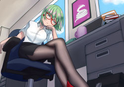 Rule 34 | 1girl, alternate costume, breasts, commentary, crossed legs, earrings, english commentary, glasses, green eyes, green hair, hand on own cheek, hand on own face, highres, jewelry, light green hair, looking at viewer, medium breasts, miniskirt, nyoomdoesstuff, pantyhose, phonon (under night in-birth), shirt, short hair, sitting, skirt, solo, teacher, under night in-birth