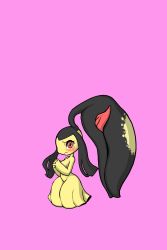 Rule 34 | 1girl, absurdres, black hair, blush, breasts, creatures (company), full body, game freak, gen 3 pokemon, hands up, highres, kewon, large breasts, looking at viewer, looking to the side, mawile, nervous, nintendo, no humans, own hands together, pink background, pokemon, pokemon (creature), pokemon rse, red eyes, simple background, solo, standing, tongue, tongue out, twintails
