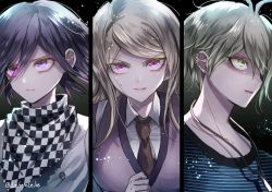 Rule 34 | 1girl, 2boys, ahoge, akamatsu kaede, amami rantaro, antenna hair, artist name, black hair, blonde hair, breasts, checkered clothes, checkered scarf, collarbone, commentary request, danganronpa (series), danganronpa v3: killing harmony, ear piercing, earrings, fortissimo, from side, green eyes, green hair, hair ornament, jewelry, large breasts, long hair, looking at viewer, multiple boys, musical note, musical note hair ornament, necklace, oma kokichi, orange neckwear, piercing, pink eyes, purple eyes, scarf, short hair, striped clothes, striped sweater, sweater, z-epto (chat-noir86)