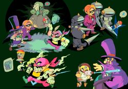 Rule 34 | 1girl, 3boys, bandana, black background, blonde hair, bow, bowtie, cape, carpaccio (wario), character name, count cannoli, domino mask, facial hair, formal, glasses, goodstyle, hat, highres, knight, lance, laser, mario (series), mask, multiple boys, mustache, nintendo, polearm, rinabe (@rfufvas3phbxkxa), robot, sir lance-a-lot, suit, terrormisu, top hat, wario, wario master of disguise, weapon
