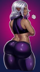 Rule 34 | 1girl, ass, ass focus, back, butt crack, dark elf, dark skin, elf, elf-san wa yaserarenai., from behind, highres, huge ass, kuroeda (elf-san wa yaserarenai.), looking at viewer, looking back, pointy ears, synecdoche, thick thighs, thighs, tisinrei, white hair, wide hips