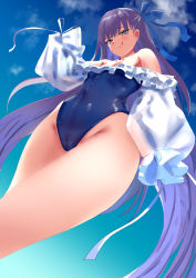 Rule 34 | 1girl, :q, bare shoulders, blue eyes, blue ribbon, blue sky, blush, breasts, cameltoe, chen bingyou, cloud, covered navel, day, fate/grand order, fate (series), from below, groin, hair ribbon, highres, leotard, long hair, looking at viewer, meltryllis, meltryllis (fate), meltryllis (swimsuit lancer) (fate), meltryllis (swimsuit lancer) (second ascension) (fate), purple hair, ribbon, sky, sleeves past wrists, small breasts, smile, solo, tongue, tongue out, very long hair