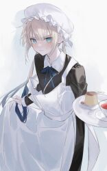 Rule 34 | apron, black dress, blonde hair, blue eyes, blue hair, blue ribbon, blush, bonnet, captain nemo (fate), crossdressing, cup, custard, dress, fate/grand order, fate (series), food, gradient hair, grey background, highres, long hair, long sleeves, looking at viewer, maid, male focus, multicolored hair, nemo (fate), off shoulder, ribbon, saucer, sherry 0014, simple background, solo, trap, tray, twintails, very long hair, white apron