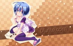 Rule 34 | 1girl, ahoge, apron, blue eyes, blue hair, bob cut, breasts, brown background, checkered background, chocolate, cleavage, dlsite.com, downblouse, elle sweet, finger in own mouth, flat chest, highres, purple thighhighs, refeia, sexually suggestive, shoe dangle, short hair, sitting, slippers, small breasts, thighhighs, waitress, wallpaper, zettai ryouiki