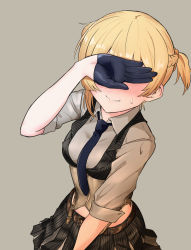 Rule 34 | 1girl, absurdres, belt, black gloves, blonde hair, blue necktie, blush, braid, buckle, collared shirt, corset, covering face, cropped vest, embarrassed, facing viewer, french braid, girls&#039; frontline, gloves, half gloves, hand up, highres, holster, looking at viewer, midriff peek, necktie, nemoga, pinstripe pattern, pinstripe vest, shirt, short hair, sidelocks, simple background, skirt, sleeves rolled up, smile, solo, striped clothes, striped skirt, striped vest, sweatdrop, thigh holster, twintails, upper body, vest, welrod mkii (girls&#039; frontline), white shirt