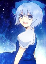 Rule 34 | 1girl, bad id, bad pixiv id, blue eyes, blue hair, bow, cirno, dress, female focus, gradient background, hair bow, matching hair/eyes, nemotoayane, open mouth, ribbon, short hair, solo, touhou
