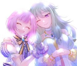 2girls backlighting bare_shoulders bracelet choker closed_eyes detached_sleeves dress frilled_sleeves frills holding_hands jewelry kusanagi_nene l-oiseau-bleue long_hair multiple_girls necklace one_eye_closed ootori_emu open_mouth pink_hair project_sekai purple_eyes short_hair short_sleeves simple_background smile white_background