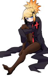 Rule 34 | 1girl, armband, blonde hair, blue eyes, breasts, commentary request, hair ornament, highres, hugging own legs, jin (mugenjin), knee up, long coat, looking at viewer, necktie, on floor, pantyhose, ponytail, secretary-san (zannen onna-kanbu black general-san), sitting, sleeves past fingers, sleeves past wrists, solo, white background, x hair ornament, zannen onna-kanbu black general-san