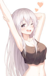 Rule 34 | 1girl, absurdres, armpits, arms up, bare arms, bare shoulders, black eyes, black shirt, breasts, cleavage, collarbone, crop top, heart, highres, long hair, looking at viewer, medium breasts, midriff, muyang, navel, one eye closed, open mouth, original, shirt, simple background, sleeveless, sleeveless shirt, solo, spaghetti strap, stomach, stretching, tearing up, upper body, waking up, white background, white hair