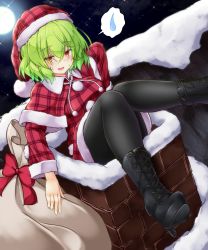 Rule 34 | 1girl, :d, aka tawashi, alternate costume, black footwear, black pantyhose, blush, boots, bow, breasts, capelet, chimney, commentary request, cross-laced footwear, dress, full moon, green hair, hair between eyes, hat, high heel boots, high heels, highres, kazami yuuka, knees up, lace-up boots, long sleeves, looking at viewer, medium breasts, moon, night, night sky, open mouth, pantyhose, plaid, plaid capelet, plaid dress, plaid headwear, platform footwear, pom pom (clothes), red bow, red capelet, red dress, red eyes, sack, santa costume, santa hat, shoe soles, sky, smile, snow, solo, spoken sweatdrop, sweat, sweatdrop, thighs, touhou, wing collar