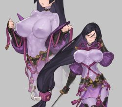 Rule 34 | 1girl, armor, black hair, blush, breasts, closed mouth, commission, covered erect nipples, covered navel, dress, fate (series), grey background, highres, holding, holding sword, holding weapon, huge breasts, impossible clothes, katana, light blush, long hair, low-tied long hair, minamoto no raikou (fate), n9+, one eye closed, purple neckwear, simple background, skeb commission, smile, solo, sweat, sword, undressing, very long hair, weapon