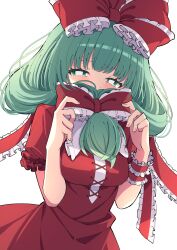 Rule 34 | 1girl, absurdres, bow, dress, frilled bow, frilled ribbon, frills, front ponytail, green eyes, green hair, hair bow, hair ribbon, highres, kagiyama hina, long hair, red bow, red dress, red ribbon, ribbon, short sleeves, simple background, solo, touhou, tsukimirin, white background