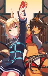 Rule 34 | 2girls, :d, animal ears, arm strap, arm up, armpits, belt, bitter glasse (umamusume), black belt, black hoodie, blonde hair, blue belt, blue hair, bow, breasts, brown eyes, brown hair, clenched hand, commentary request, cowboy shot, crop top, cropped vest, dark-skinned female, dark skin, ear ornament, fingerless gloves, gloves, green eyes, hair between eyes, hair bow, highres, hood, hoodie, horse ears, horse girl, horse tail, kuroshiro (ms-2420), little cocon (umamusume), long hoodie, long sleeves, looking at viewer, medium breasts, midriff, multicolored hair, multiple girls, navel, o-ring, open clothes, open mouth, open vest, red gloves, red vest, shirt, short hair, short hair with long locks, short shorts, shorts, sidelocks, sleeveless, sleeveless shirt, small breasts, smile, streaked hair, swept bangs, tail, triangle mouth, umamusume, vest, white shirt, white shorts