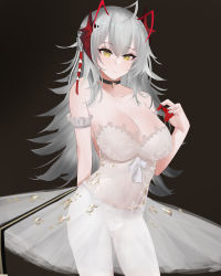 Rule 34 | 1girl, arknights, arm behind back, arm up, ballerina, bare shoulders, black background, black choker, breasts, choker, cleavage, closed mouth, collarbone, covered navel, dress, feet out of frame, fingernails, hair ribbon, highres, horns, large breasts, leotard, long hair, looking at viewer, niuwajun, parted lips, ribbon, see-through, see-through dress, solo, standing, w (arknights), white dress, white hair, white leotard, yellow eyes