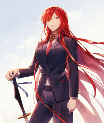 Rule 34 | 1girl, black suit, business suit, fate/grand order, fate (series), formal, hair over one eye, highres, jacket, long hair, looking at viewer, necktie, oda nobunaga (fate), oda nobunaga (koha-ace), oda nobunaga (maou avenger) (fate), pant suit, pants, red eyes, red hair, shiobana, smile, solo, suit, sword, weapon