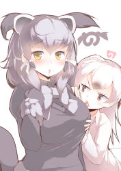 Rule 34 | 2girls, absurdres, animal ears, binturong (kemono friends), black gloves, black hair, black shirt, black sweater, blush, bow, bowtie, breasts, brown eyes, collared shirt, commentary request, dress shirt, fur-trimmed sleeves, fur-trimmed sweater, fur trim, gloves, grey bow, grey neckwear, hair between eyes, hand on own chest, hands on another&#039;s chest, highres, kanzakietc, kemono friends, large breasts, long hair, long sleeves, looking at another, looking at viewer, multiple girls, open mouth, shirt, stoat (kemono friends), sweater, tail, upper body, white background, white hair, white shirt, white sweater, yellow eyes