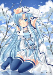 Rule 34 | 10s, 1girl, ;d, asuna (sao), asuna (sao-alo), blue eyes, blue hair, blue thighhighs, detached sleeves, long hair, looking at viewer, matching hair/eyes, no shoes, one eye closed, open mouth, pointy ears, reflection, sitting, sky, smile, solo, sword art online, thighhighs, villyane, zettai ryouiki