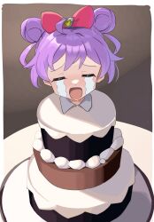 Rule 34 | 1girl, absurdres, ahoge, ai-generated art (topic), ai drawing person in cake (meme), anisakisu, blush, bow, cake, closed eyes, commentary, crying, double bun, english commentary, food, hair bow, hair bun, highres, in food, manaka laala, meme, open mouth, pink bow, pretty series, pripara, purple hair, short hair, solo, streaming tears, tears