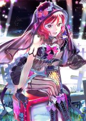 Rule 34 | 10s, 119, 1girl, elbow gloves, gloves, highres, idol, lace, lace-trimmed legwear, lace trim, lantern, looking at viewer, love live!, love live! school idol festival, love live! school idol project, nishikino maki, open mouth, purple eyes, red hair, short hair, smile, solo, thighhighs