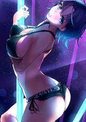 Rule 34 | 1girl, airi rei, arched back, asakura toru, ass, bikini, black bikini, blue hair, blurry, blush, bokeh, breasts, butt crack, cleavage, covered erect nipples, depth of field, gradient hair, hair in own mouth, head tilt, highres, idolmaster, idolmaster shiny colors, large breasts, looking at viewer, looking to the side, multicolored hair, panties, pole, pole dancing, purple hair, short hair, side-tie panties, solo, swimsuit, underwear