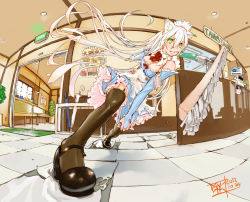 Rule 34 | 1girl, animal ears, black thighhighs, breasts, broom, chitose shuusui, cleavage, dress, fisheye, foreshortening, green eyes, indoors, maid, mary janes, original, perspective, shoe dangle, shoes, solo, thighhighs, tiles, white hair