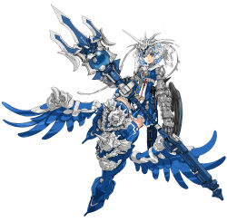 Rule 34 | armor, blue eyes, blue hair, floating, full body, godz order, greaves, headgear, highres, himari bahamut, holding, holding trident, holding weapon, horns, knee spikes, looking at viewer, mechanical arms, official art, polearm, short hair, single horn, smile, trident, weapon, white background, winged footwear, yasuda akira