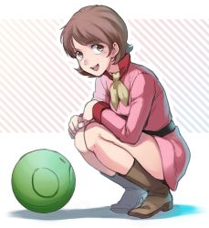 Rule 34 | 1girl, :d, absurdres, brown eyes, brown footwear, brown hair, dress, fraw bow, full body, gundam, haro, highres, long sleeves, looking at viewer, mobile suit gundam, neckerchief, oh syz, open mouth, outline, pink dress, short dress, short hair, smile, solo, squatting, striped, striped background, white background, yellow neckerchief