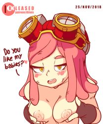 Rule 34 | 10s, 1girl, animated, animated gif, blush, boku no hero academia, breast hold, breasts, diives, eyelashes, female focus, fingerless gloves, gloves, goggles, half-closed eyes, hatsume mei, heart, highres, long hair, looking at viewer, medium breasts, nipples, open mouth, pink hair, smile, solo, teeth, text focus, upper body, white background, yellow eyes