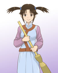 Rule 34 | 1girl, black hair, broom, brown eyes, chinese clothes, gradient background, hair bobbles, hair ornament, long hair, nagi kurage, shenmue, shenmue ii, smile, solo, twintails, xun fang mei