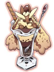 Rule 34 | black sclera, chocolate, colored sclera, creatures (company), food, food focus, game freak, gen 4 pokemon, glass, ice cream, lopunny, nintendo, no humans, pmx, pokefood, pokemon, pokemon (creature), red eyes, simple background, solo, spoon, tagme, white background