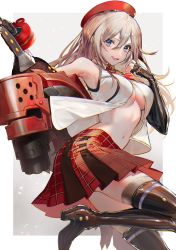 Rule 34 | 1girl, :d, absurdres, alisa ilinichina amiella, armpits, bare shoulders, black footwear, black gloves, blonde hair, blue eyes, boots, border, breasts, elbow gloves, fingerless gloves, gloves, god eater, god eater 2: rage burst, gradient background, grey background, hair between eyes, hat, high heel boots, high heels, highres, holding, holding weapon, leg up, long hair, medium breasts, miniskirt, navel, no bra, open clothes, open mouth, open vest, outside border, plaid, plaid skirt, pleated skirt, red hat, red skirt, skirt, smile, solo, standing, standing on one leg, tarutaru yamaoka, thighhighs, thighhighs under boots, underboob, vest, weapon, white border, white vest