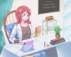 Rule 34 | 1girl, artist name, artist request, blush, book, boots, brown shirt, chair, collarbone, drawing (object), female focus, hair between eyes, hair over shoulder, highres, holding, holding book, indoors, jacket, long sleeves, looking at viewer, love live!, love live! school idol project, nishikino maki, on chair, parted lips, purple eyes, red hair, shirt, short hair, sitting, smile, solo, striped clothes, striped shirt, table, tablet, upper body, vertical-striped clothes, vertical-striped shirt, white jacket