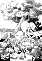 Rule 34 | 1girl, animal, closed mouth, collared dress, commentary request, dress, grass, greyscale, hat, hatching (texture), highres, holding, holding animal, korean commentary, long sleeves, mary janes, meremero, monochrome, original, outdoors, plant, rabbit, rock, shoes, short hair, sitting, smile, solo, sun hat, tree