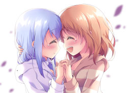 Rule 34 | 2girls, :d, ^ ^, bad id, bad pixiv id, blue hair, blurry, blurry background, blush, brown hair, closed eyes, closed mouth, commentary request, depth of field, facing another, fingernails, gochuumon wa usagi desu ka?, hair between eyes, hands up, hood, hood down, hoodie, hoto cocoa, interlocked fingers, jacket, kafuu chino, long hair, multiple girls, open mouth, pom pom (clothes), satsuki yukimi, smile, striped clothes, striped jacket, tears, teeth, upper body, upper teeth only, white background, white hoodie