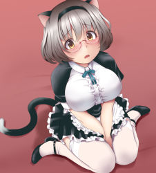 Rule 34 | 1girl, animal ears, apron, between legs, blush, breasts, brown hair, cat ears, cat tail, center frills, frills, glasses, hairband, hand between legs, kozue akari, large breasts, looking at viewer, maid, open mouth, original, rimless eyewear, short hair, sitting, solo, tail, thighhighs, v arms, waist apron, wariza, white thighhighs, yellow eyes