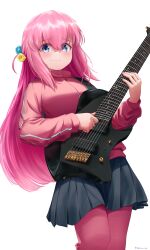 Rule 34 | 1girl, absurdres, black skirt, blue eyes, blush, bocchi the rock!, breasts, closed mouth, commentary, cube hair ornament, electric guitar, english commentary, gibson les paul, gotoh hitori, guitar, hair between eyes, hair ornament, highres, holding, holding instrument, instrument, jacket, large breasts, long bangs, long hair, long sleeves, looking at viewer, mokuka noe, music, one side up, pants, pants under skirt, pink hair, pink jacket, pink pants, playing instrument, pleated skirt, simple background, skirt, sleeves past wrists, solo, track jacket, track pants, wavy mouth, white background