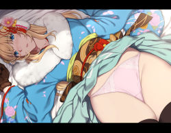 Rule 34 | 1girl, black thighhighs, blonde hair, blue eyes, blue kimono, blush, bow, bow panties, brown gloves, brown sash, clothes lift, commentary request, dutch angle, earmuffs, evelysse (star ocean), floral print, flower, from above, fur-trimmed kimono, fur trim, gloves, hair flower, hair ornament, hair ribbon, indoors, japanese clothes, kimono, kimono lift, letterboxed, long hair, looking at viewer, lying, nagioka, nose blush, obi, on back, open mouth, panties, petals, pink flower, pink panties, print kimono, red flower, red ribbon, ribbon, sash, solo, star ocean, star ocean anamnesis, thighhighs, underwear, wide sleeves