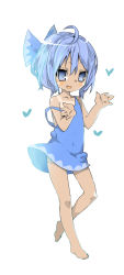 Rule 34 | 1girl, ahoge, arms up, bare legs, barefoot, blue dress, blue eyes, blue hair, blue skirt, blush, bug, butterfly, child, cirno, dark-skinned female, dark skin, dress, fang, flat chest, full body, insect, matching hair/eyes, open mouth, simple background, sketch, skirt, smile, solo, spawnfoxy, strap slip, tan, tanline, touhou, white background