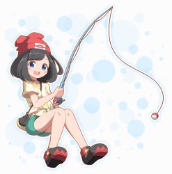 Rule 34 | 1girl, bag, beanie, between breasts, black bag, black footwear, black hair, blue background, blue eyes, blush, breasts, collarbone, creatures (company), fishing rod, full body, game freak, green shorts, hands up, happy, hat, knees together feet apart, looking at viewer, neru (neruneruru), nintendo, open mouth, pokemon, pokemon sm, red hat, selene (pokemon), shirt, shoes, short hair, short sleeves, shorts, simple background, sitting, smile, solo, strap between breasts, teeth, tied shirt, white background