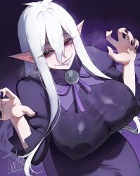 1girl bloodlight_(nyantcha) breasts cosplay covered_erect_nipples dress english_text grin hex_maniac_(pokemon_legends:_z-a) hex_maniac_(pokemon_legends:_z-a)_(cosplay) highres huge_breasts long_hair mature_female nyantcha original pointy_ears purple_dress red_eyes scar scar_across_eye scar_on_face sharp_teeth simple_background sister_almonde_(nyantcha) smile teeth white_hair